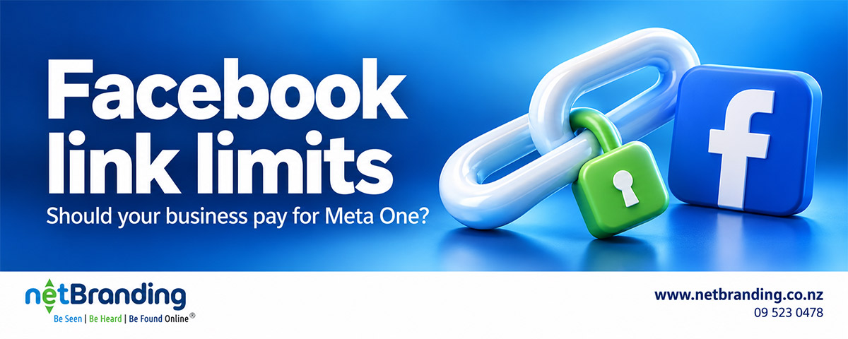 Facebook Is Limiting Links: What Meta One Means for Your Business Net Branding banner reading Facebook link limits. Should your business pay for Meta One? A chain, green padlock and Facebook symbol appear on a blue background, with the Net Branding logo and contact details in the footer.